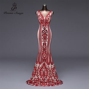 Poèmes chansons robe de soirée formelle longue robe de soirée robe de festa luxe rouge Sequin robe longue robes de bal LJ201124