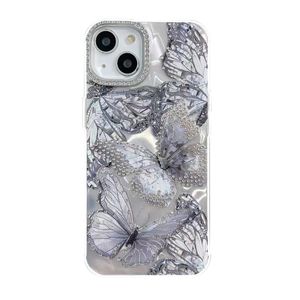 Point Drill Camera 3D Pleat Wrinkle Rhingestone Phone Case pour iPhone 15 Plus 14 13 Pro Max Luxury Ladies Butterfly Diamond Cover