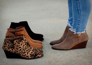 Bottises d'orteil pointues Femmes d'hiver Leopard Boots de la cheville à lacets plate-forme de chaussures hauts talons calices chaussures femme bota féminina x04241029620