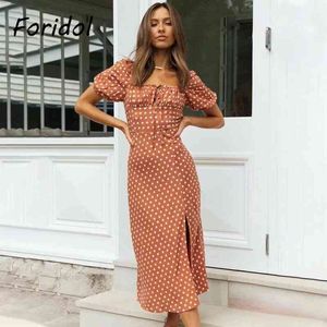 Polka Dot Long Women Summer Puff Sleeve Boho Maxi Lace Up Side Slit Brown Beach Vintage Dress 210415
