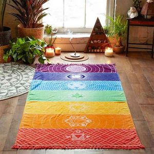 Polyester Bohemia Wall Hanging India Mandala Blanket 7 Chakra Colored Tapestry Rainbow Stripes Travel Beach Yoga Mat 210727
