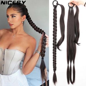 Cola de caballo colas Extensiones de cola trenzadas sintéticas Postizo natural negro Cola larga con lazo para el cabello Banda de goma Cabello rubio para mujeres 230518