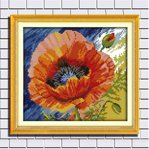 Fleurs rouges coquelicot, belle décoration d'intérieur, impression comptée sur toile, ensemble de broderie fait à la main, kits de point de croix DMC 11CT 14CT