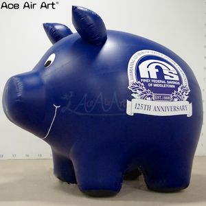 Grand modèle de cochon de dessin animé gonflable bleu de 2,5 m L souriant peut ajouter un logo avec une queue de cochon pour l'affichage ou la décoration d'un événement