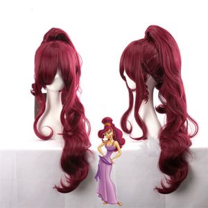 Popular princesa Megara Cosplay peluca Meg largo vino tinto pelucas de pelo sintético Cosplay