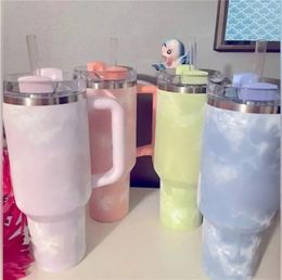 Tobinage 40oz de gobelets de 40 oz, gobelets roses à cravate bleu rose 40 oz avec poignée de silicone gobelers isolés couvercle paille en acier inoxydable café termos wisteria tasse by dhl us bétail