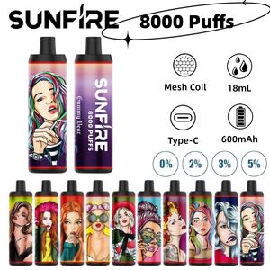 Populaire Sunfire 8K Puffes 8000 Dermable Vape Pod 18ml Bobine de vapeur de vapeur préfabillée Chargement coloré COLORFE