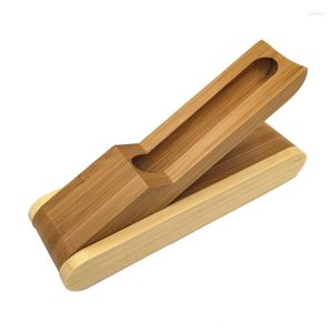 Boîte à stylos en bambou portable avec couvercle rabattable pour support de stockage en acier unique