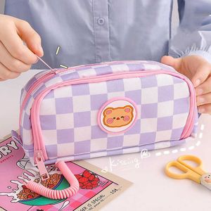 Estuche de lápices de oso de dibujos animados portátil con inserto de bolígrafo animal lindo bolso escuela estudiante papelería almacenamiento lona chica s