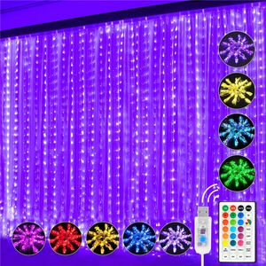 Tiras de luces LED de 3x3m, 16 luces de cortina que cambian de color, USB, 7 modos con lámpara de hadas remota para dormitorio, ventana, fiesta, decoración de día