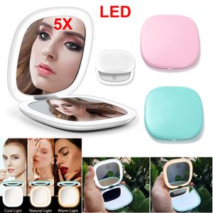 Miroir de maquillage éclairé par LED avec miroir cosmétique léger grossissant 5x poche compacte voyage portable conception universelle rechargeable par USB