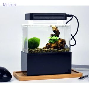 Mini tanque de peces Betta portátil, decoraciones de escritorio para acuario, cuenco para peces acuapónicos marinos con filtro de agua, bomba de aire USB, luz LED 240219
