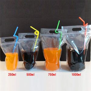 Bolsas de embalaje de agua potable de plástico portátil 250 ml 500 ml 750 ml 1000 ml Bolsas de pie de paja líquida desechables para bebidas Leche Té Café Jugo Paquete de almacenamiento