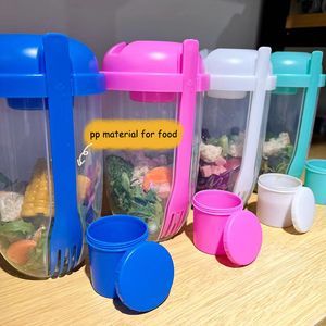 Botella portátil para ensalada, desayuno, avena, cereales, nueces, yogur, tazas para ensalada, juego de contenedores con tenedor, tapas para tazas de salsa