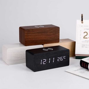 Haut-parleurs portables sans fil avec chargeur sans fil Qi, horloge LED numérique en bois, horloge de bureau, thermomètre