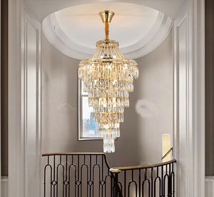 Bâtiment post-moderne Duplex Lustre en cristal clair extra long pendentif en or LED cristal Rotating Lampes pour Staircase Villas Hôtel MYY