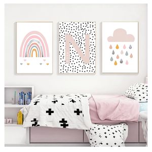 Póster con estampado de nube rosa y arcoíris para guardería, póster nórdico, imágenes de pared, decoración para habitación de bebé, lienzo de arte de pared con nombre personalizado para niñas 220623
