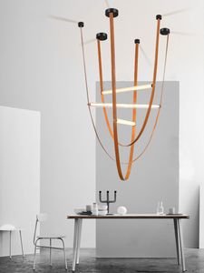 Lampe en cuir d'art postmoderne longue en verre salon Duplex Villa cage d'escalier suspendue créativité salle à manger lustre Led
