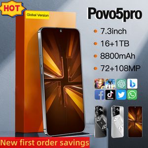 Povo5pro Smartphone Android Pantalla táctil Pantalla a color 4G 8GB 12GB 16GB RAM 256GB 512GB 1TB ROM Pantalla HD de 7,3 pulgadas El sensor de gravedad admite varios idiomas