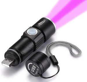 Puissante lampe de poche UV rechargeable USB 395NM Purple Lights Lampe Porte-clés Mini lumière noire ultraviolette pour détecteur scorpion identification lampe de poche uv
