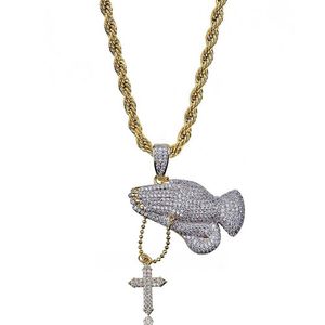 Mano de oración con colgante de cruz, collar helado repleto de circonita, cadena de oro de Hip Hop para hombres, joyería cristiana 2677