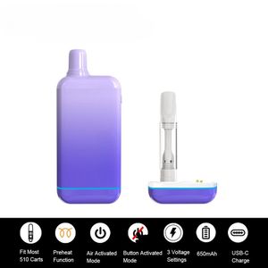 Precalentamiento de batería de 510 hilos Batería de carro de vapeo de voltaje variable de 650 mAh con cargador USB-C Kits de pluma vaporizadora Cartuchos ocultos de 1 ml / 2 ml Caja de batería