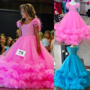 Preteens Girl Pageant Dress 2024 Feather Beading Strap Ruffle Tulle Little Kid Birthday Formal Party Gown Infant Toddler Teens Tiny Young Junior Miss Bubblegum Aqua