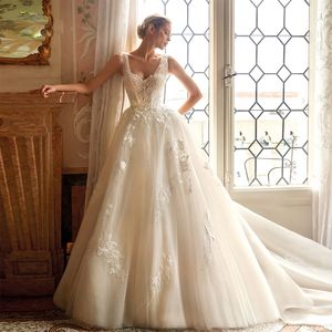 Grazioso pizzo che borda una linea abito da sposa cinghie trasparenti perline abiti da sposa abito da sposa principessa