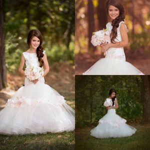 Bonitos vestidos de sirena para niñas de flores para bodas, apliques florales en 3D, cristal, niños pequeños, vestido de primera comunión, vestidos largos de tul para desfile