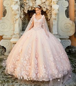 Jolie Princesa Fleurs 3D Perle Détachable Cape Watteau Blush Rose Mexicano Sweet 16 Quinceanera Robe Robe De Bal 2021 Printemps Nouveau 2993884