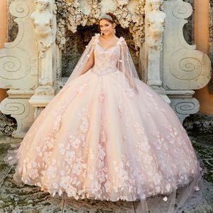 Jolie Princesa 3D Fleurs Perle Cape Amovible Watteau Blush Rose Mexicano Douce 16 Robe De Quinceanera Robe De Bal 2021 Printemps Nouveau 298g
