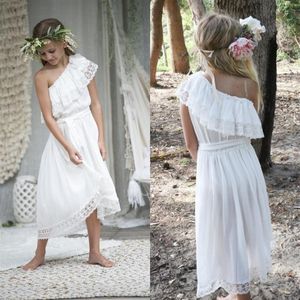 Pretty White Chiffon Lace Country Boho Vestidos de niña de las flores para la boda 2017 Un hombro High Low Beach Casual Dress por encargo E293J