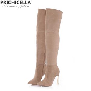 PRICHICELLA Tacón de hierro cuero genuino marrón mujer muslo botas altas tacón alto gladiador botines size34-42 210911