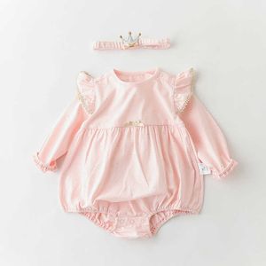 Princesse Baby Romper Fille Enfants Boutique Vêtements Né Rose Anniversaire Baptême Combinaison Infant Royal avec Cerceaux De Cheveux 210615