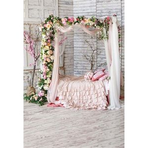 Princesse bébé douche toile de fond blanc en bois mur sol fleurs décoré lit filles fête d'anniversaire thème Photo stand fond