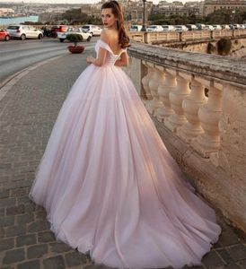 Princesa Ball Gown Pink Wedding Dress Off Shoulder Corset Back Tulle Church Garden Country Vestidos de novia Sweep Train Vestido Noiva Robe De Mari￩e 2021