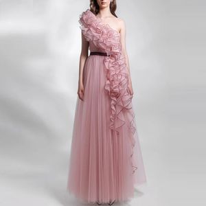 Princesa rubor rosa suave tul vestidos largos de graduación mangas hasta el suelo vestidos de noche vestido de fiesta Formal vestido de novia de Corea