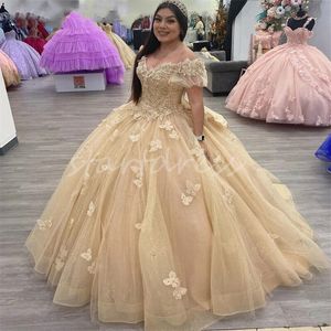 Robes de quinceanera Gold Princess avec Butterfly Shine Sparkly Sweet 16 Robe de fête d'anniversaire Lace Up Promwress Vestidos de XV 15 Anos seize pour des occasions spéciales