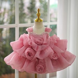 Princess Pink Flower Girl Vestidos Nuevos lindos volantes aplicados Long Farty Party Fiest Gowns Pearls Vestidos de novia de niña Pequeñas Vestidos de comunión
