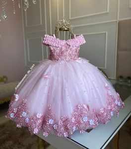 Princesa Rosa Vestidos para niñas de flores Perlas de lazo grande Flores hechas a mano en 3D Vestido de desfile de niñas de tul con gradas para niños Vestidos de fiesta de cumpleaños de graduación Vestido para niños pequeños personalizado