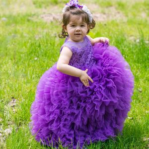 Princess Purple New Little Jewel Neck Tiered Tulle Toddler Glitz Pageant Robes Robes d'anniversaire pour enfants