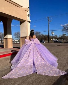 Princesse violet hors l'épaule quinceanera robe anniversaire perlé pour fille arc lacets vers le dos de la robe de bal de bal