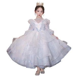 Princesa Sky Blue White Flower Girls Vestidos para la boda Nuevo 2024 3D Floral Lace Appliques Lanvender Brithday Party Kids Wear Formal Wear Vestido de concurso largo
