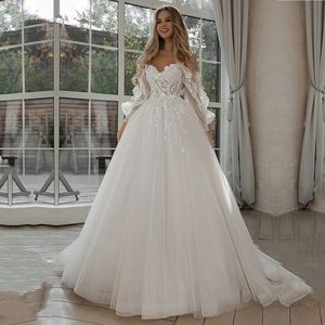 Princess V Neck Puffy Sleeves Shinny Wedding Dress Boho Appliques 3D Flowers Off Shoulder A Line Bridal Gowns Robe De Mariee