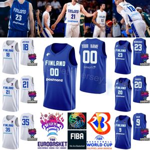 Imprimé Finlande 2023 Maillots de basket-ball de la Coupe du monde Équipe nationale 23 Lauri Markkanen 18 Mikael Jantunen 9 Sasu Salin 13 OLIVIER NKAMHOUA 21 Edon Maxhuni 1 Miro Little