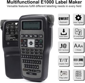 Imprimantes E1000 Pro Machine d'étiquetage avec des symboles de clavier QWERTY 8 marqueurs d'étiquette d'impression de code-barres compatibles pour Brother Tze231