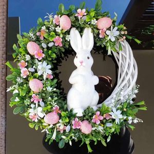 Impresión de guirnalda Corona de Pascua Costilización de huevo plano con decoración del conejo colgante Decoración del hogar 240127