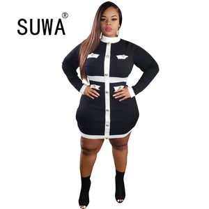Producto moda negro blanco patchwork elegante mujeres estilo retro manga larga bodycon vestido al por mayor más tamaño ropa 5xl 210525