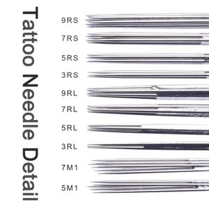 100pcs Variety Pack Sterilized Tattoo Needles - Professional Mixed Sizes 3RL, 5RL, 7RL, 9RL, 3RS, 5RS, 7RS, 9RS, 5M1, 7M1 for Tattoo Artists