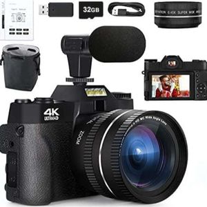 Caméra de vlogging professionnelle 48MP 4K avec objectifs macro grand angle, zoom numérique 16X, écran rabattable, microphone externe et mémoire de 32 Go - Parfaite pour les vidéos YouTube